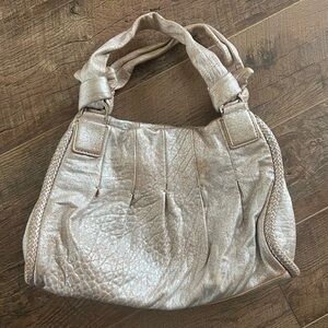 Cole Haan Metallic Beige Leather Pleated Hobo Purse Tassel